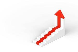 rot Pfeil oben mit Weiß Treppe auf Weiß Hintergrund, 3d Pfeil Klettern oben Über ein Treppe, Geschäft Konzept von Ziele, Erfolg, Ehrgeiz, Leistung und Herausforderungen, 3d Rendern foto