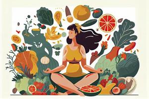 achtsam Essen Konzept. jung Frau, umgeben durch lecker und gesund Gemüse und Früchte foto