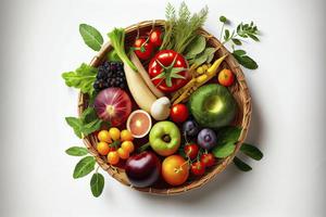 gesund Essen im ein Korb, Studio Schuss von anders Früchte und Gemüse isoliert auf ein Weiß Hintergrund foto