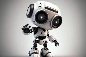 süß Roboter auf ein Weiß Hintergrund mit ein zeigen Hand und ein zwinkert Auge. technologisch Idee foto