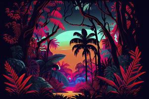 tropisch Wald, Färbung und schön magnetisieren Erleuchtung, Farbe, Licht, Neon- Stil, Dämmerung, fluoreszierend, besonders von natürlich Illustration foto