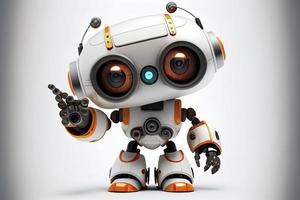 süß Roboter auf ein Weiß Hintergrund mit ein zeigen Hand und ein zwinkert Auge. technologisch Idee foto
