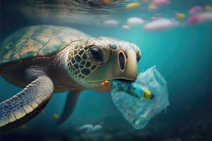 Meer Schildkröte Essen Plastik unter das Meer. ai generiert foto