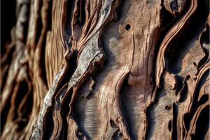 ai generiert Nahansicht von ein interessant texturiert Oberflächen Rinde von ein Baum. foto