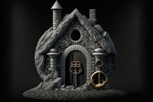 ai generiert Silber Symbol Haus und golden Schlüssel auf dunkel Stein Hintergrund. foto
