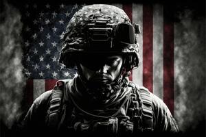 uns amerikanisch Flagge auf Soldat Hintergrund. ai generiert foto
