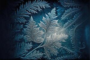 ai generiert Winter Frost Blätter Muster auf Glas. Blatt Eis Kristalle auf kalt Winter Hintergrund. foto