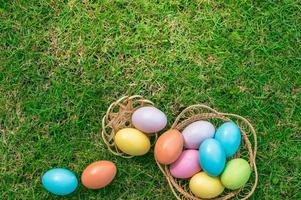 glücklich Ostern Urlaub Gruß Karte Konzept. bunt Ostern Eier und Frühling Blumen auf Grün Gräser Hintergrund. eben legen, oben Sicht, Kopieren Raum. foto