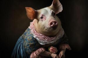 Porträt von Schwein im ein viktorianisch Kleid. ai generiert foto