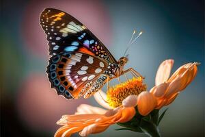 ai generiert Schmetterling saugen Nektar von Blumen. schließen oben Schmetterling auf ein Blume. foto