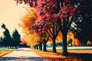 ai generiert Herbst Blätter im das Park abstrakt Hintergrund. Herbst Park Weg beim Sonnenuntergang. foto