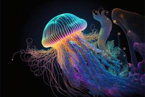ai generiert das ätherisch Schönheit von Qualle im das Ozean mit Koralle. foto