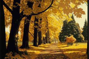 ai generiert Herbst Blätter im das Park abstrakt Hintergrund. Herbst Park Weg beim Sonnenuntergang. foto