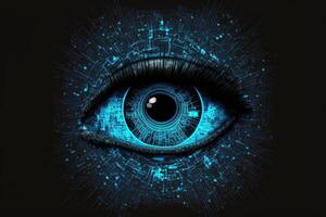 ai generiert Auge Matrix Cyber Technologie Blau Hintergrund. foto