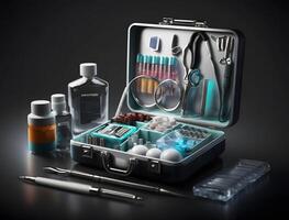 Arzt Ausrüstung Satz, ein Koffer enthält chirurgisch medizinisch Ausrüstung beim das Krankenhaus, ai generiert foto