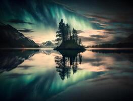 Aurora Über ein Ruhe See, ai generiert foto