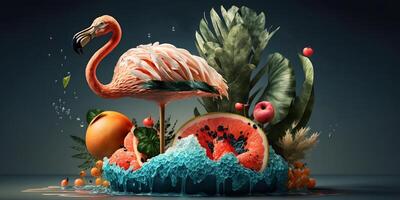 Sommer- festlich Hintergrund. 3d realistisch Illustration. Flamingo Wassermelone, Palme Bäume, Hülse, Wasser Spritzen. ai generiert foto