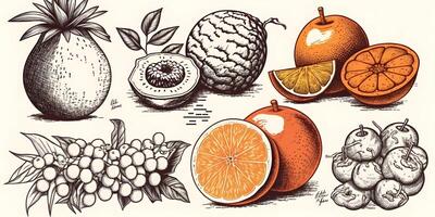 Gekritzel Früchte Hintergrund. natürlich tropisch Frucht, Kritzeleien Zitrusfrüchte orange, Traube, Guave, Banane, Birne, und Vitamin Zitrone. organisch Früchte oder Vegetarier Lebensmittel. ai generiert foto