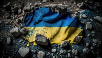 generativ ai, ruiniert Ukraine Banner, ukrainisch Flagge auf gebrochen Beton, geknackt, zerschlagen, Schutt Boden. Nein Krieg Konzept foto