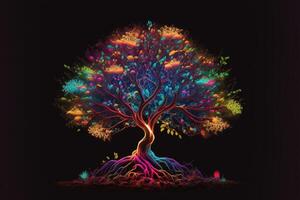 ai generiert fruchtbar Baum beleuchtet mit bunt Neon- Beleuchtung foto