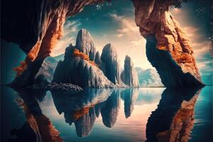 ai generiert Riese Felsen und Höhle Eingang reflektieren auf Wasser von See Fantasie Hintergrund foto