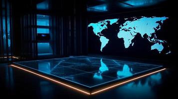 Welt Karte in Verbindung gebracht zu das Krypto Netzwerk. global Karte mit 3d Licht von das Hintergrund, Netzwerk Status. Fußboden Wohnung. ai generative, foto
