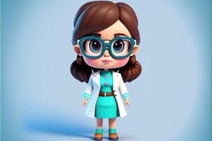 ai generiert süß jung Mädchen Arzt Stehen auf Blau Hintergrund. 3d Karikatur Stil. foto