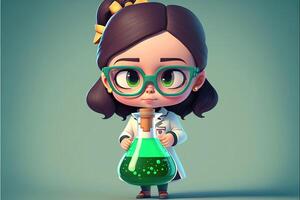 ai generiert süß jung Mädchen Wissenschaftler halten ein Labor Flasche auf Grün Hintergrund. 3d Karikatur Stil. foto