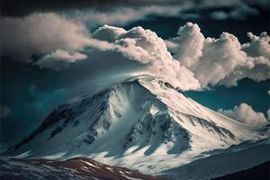 Schnee gekappt Spitzen unter dick Wolken. ai generiert foto