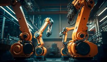 industriell Maschine automatisch Roboter Arm, Clever modern Fabrik Automatisierung mit fortgeschritten Maschinen, industriell 4.0 Herstellung Verfahren, generativ ai foto