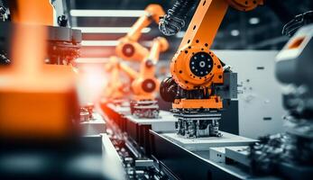 industriell Maschine automatisch Roboter Arm, Clever modern Fabrik Automatisierung mit fortgeschritten Maschinen, industriell 4.0 Herstellung Verfahren, generativ ai foto