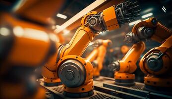 industriell Maschine automatisch Roboter Arm, Clever modern Fabrik Automatisierung mit fortgeschritten Maschinen, industriell 4.0 Herstellung Verfahren, generativ ai foto