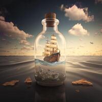 Illustration Schiff im ein Flasche mit glühend Sterne gemacht mit generativ ai foto