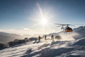 Suche und Rettung Betrieb im Berge. medizinisch Rettung Hubschrauber Landung im schneebedeckt Berge. erstellt mit generativ ai foto