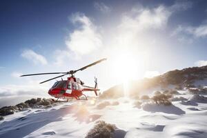 Suche und Rettung Betrieb im Berge. medizinisch Rettung Hubschrauber Landung im schneebedeckt Berge. erstellt mit generativ ai foto