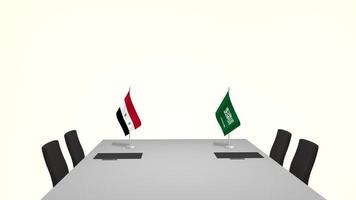 Treffen Konfiguration zwischen Saudi und Syrien, Abschleppen Länder' Flagge auf ein Schreibtisch mit Datei, Stift, Und, Stühle, symbolisieren gegenseitig Zusammenarbeit und fremd Politik Krawatten, Diplomaten Geschäft getroffen zu einstellen oben ein Zustimmung foto