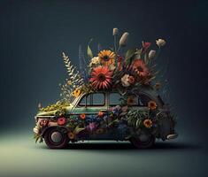 Auto Startseite durch Blumen Dekoration. retro Hippie Fahrzeug mit Blume. Blumen- Konzept zum Hochzeit oder romantisch Liebe Geschenk. generativ ai foto