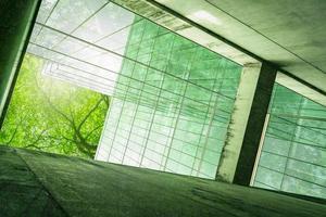 nachhaltiges grünes Bauen. umweltfreundliches Gebäude. nachhaltiges bürogebäude aus glas mit baum zur reduktion von kohlendioxid. Büro mit grüner Umgebung. firmengebäude co2 reduzieren. Sicherheitsglas. foto