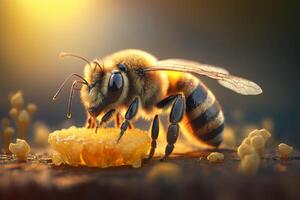 schließen oben realistisch Honig Biene Sammeln Pollen. erstellt mit generativ ai foto