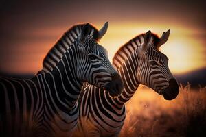 Zebra im Savanne afrikanisch Tierwelt auf Sonnenuntergang Hintergrund, Afrika Tag. erstellt generativ ai foto