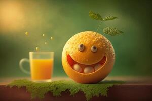 heiter Orange Charakter lächelnd auf Grün Hintergrund. erstellt generativ ai foto