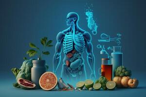 Früchte Bildung ein Mensch Körper Stoffwechsel und Ernährung, Essen Diät Essen zum Energie und Verdauung. generativ ai foto