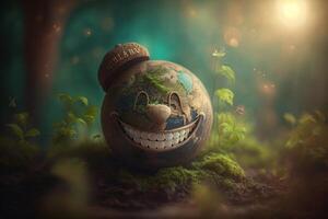 froh Erde Charakter lachend auf Grün Hintergrund, glücklich Erde Tag, Welt Lachen Tag. generativ ai foto