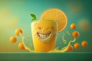 fröhlich Glas von Orange Saft Charakter lächelnd Hintergrund. frisch Orange Saft. erstellt generativ ai foto