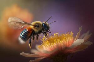 schließen oben realistisch fliegend Honig Bienen Sammeln Pollen auf Blumen, erstellt mit generativ ai foto