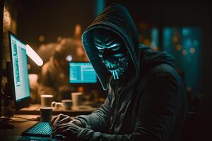 mit Kapuze Hacker mit Maske mit Laptop brechen oder Attacke in Daten Server. hacken, Codierung oder Malware Konzept. generativ ai foto