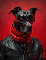 Porträt von Schlecht Hunde tragen Jacke auf rot Hintergrund. erstellt generativ ai foto