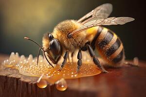 schließen oben realistisch Honig Biene Sammeln Pollen, erstellt mit generativ ai foto