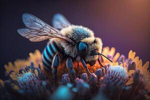 schließen oben realistisch fliegend Honig Bienen Sammeln Pollen auf Blumen, erstellt mit generativ ai foto