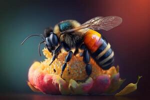 schließen oben realistisch fliegend Honig Bienen Sammeln Pollen auf Blumen, erstellt mit generativ ai foto